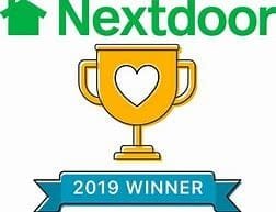 2019-nextdoor-award - Alexander Services - Alexander Services Nextdoor logo above a gold trophy with a heart and a blue ribbon reading 2019 winner.