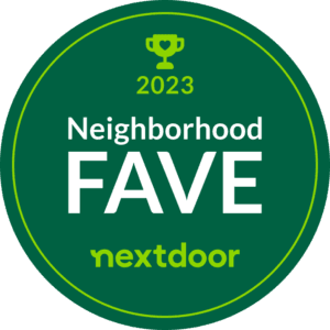 Winner-nextdoor-neighborhood-faves-300x300 - Alexander Services - Alexander Services Green circular nextdoor 2023 neighborhood fave award badge with a trophy icon at the top and bold white 'fave' text.