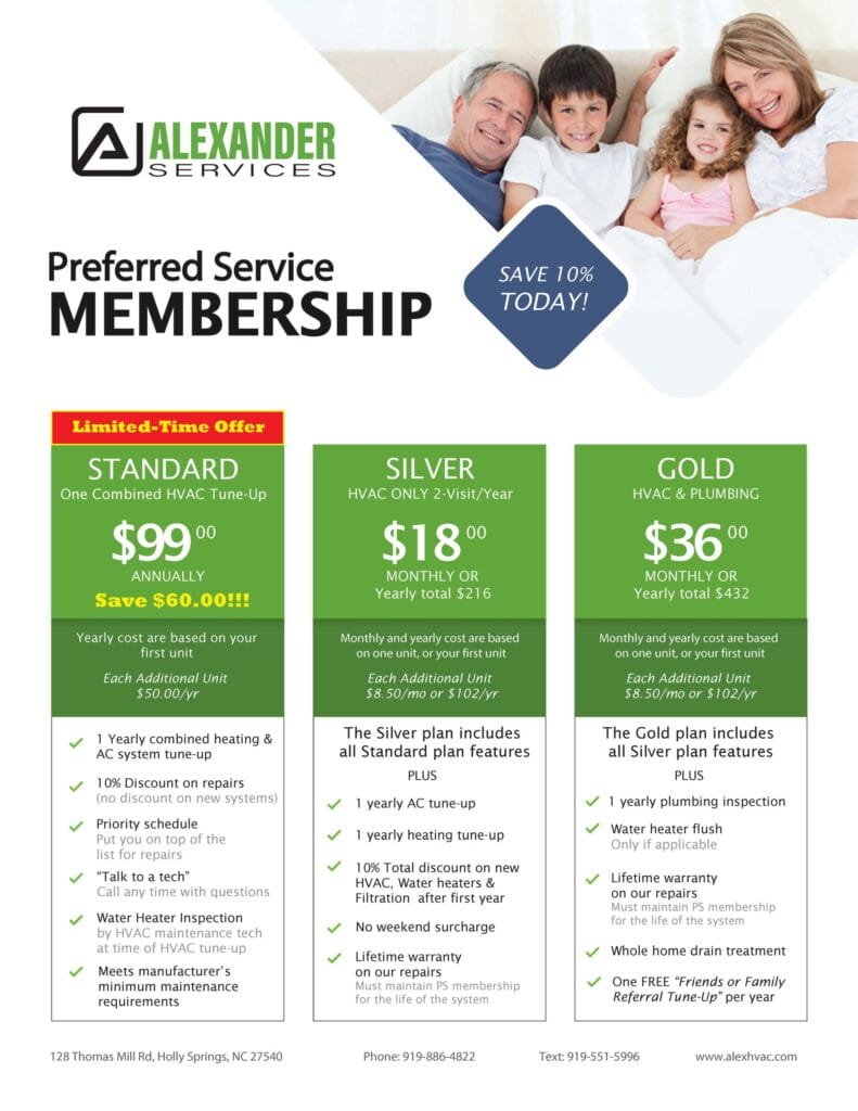 Promotional flyer for alexander services membership with a smiling family, large 'membership' text, and three plan boxes (standard, silver, gold).